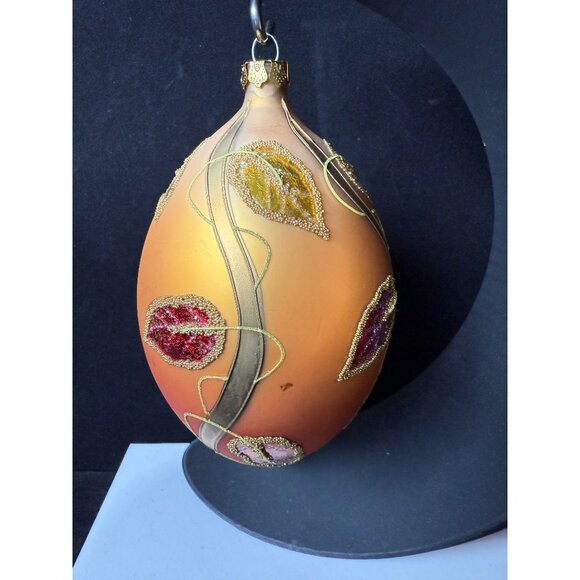 Hand-Painted Large 7" Glass Ornament With Beaded Leaf Design Autumn Colors - Picture 3 of 11